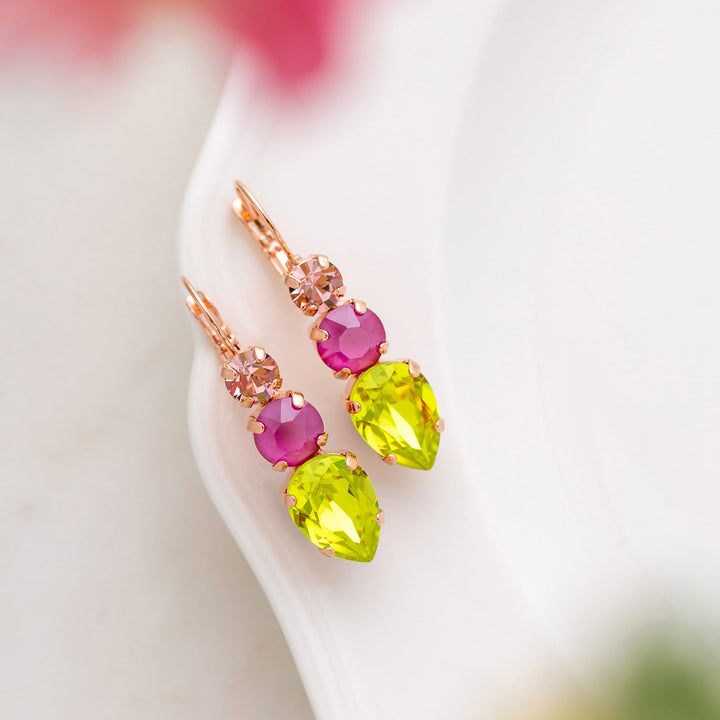 Dangle earrings crafted with lime green, peony pink and vintage rose crystals